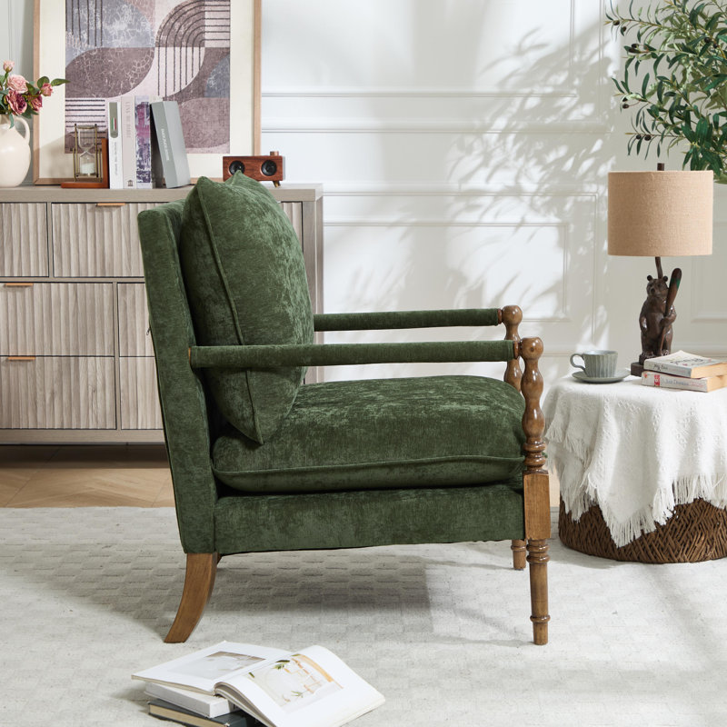 Chenille Accent Chair, Spindle Accent Chair with Covered Armrests, Farmhouse Accent Chair with Turned Wood（set of 2）