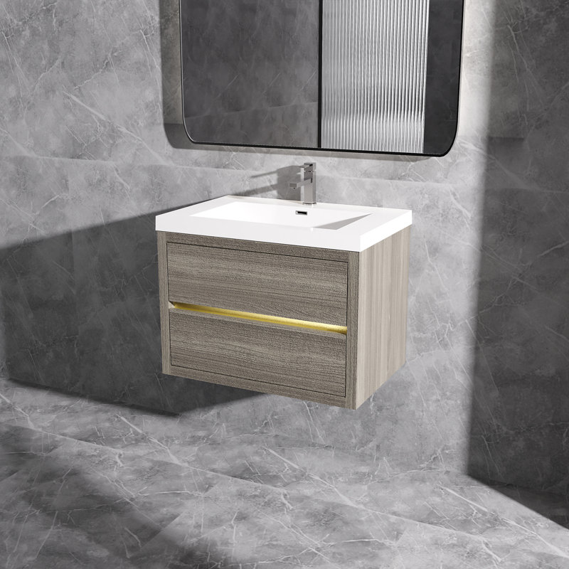Meuble-lavabo mural flottant avec surface de lavabo simple en blanc, Gris, 30"