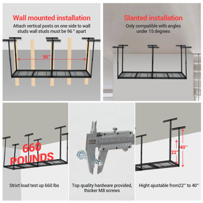Support de rangement pour garage 4 x 8 - Étagères de plafond en métal robustes, système d'organisation réglable pour le garage - capacité de 660 lb, installation facile, rangement au-dessus peu encombrant