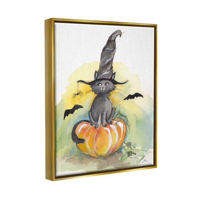 «Witch Cat On Pumpkin» encadré sur bois par Jessica Mingo, impression