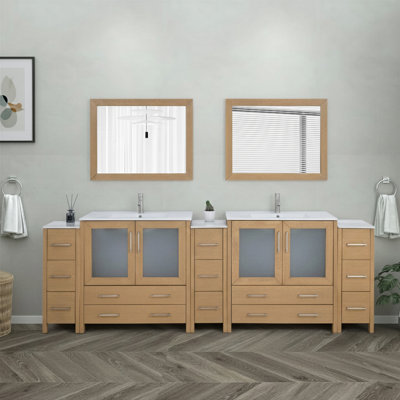 Ensemble de meuble-lavabo autoportant à double cuve 108 po avec plateau en céramique et miroirs assortis Brescia