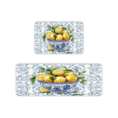 Tapis de cuisine bol en porcelaine blanc et bleu citron, 2 pièces, pour la cuisine et le salon