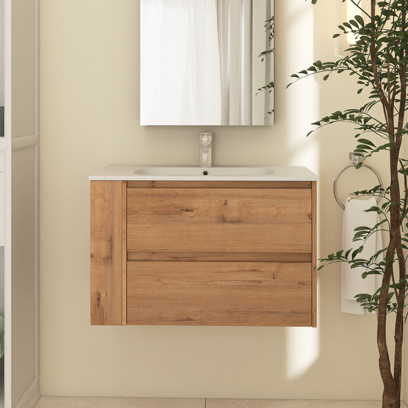 Ensemble de meuble-lavabo simple 35,9 po avec plateau en céramique Dozia, Imitation chêne