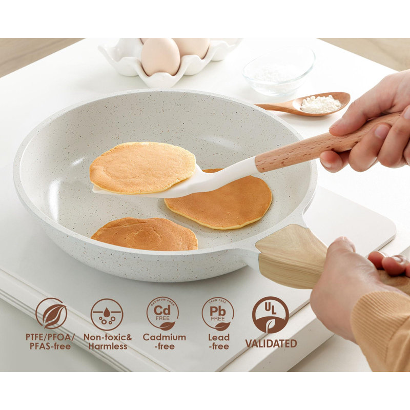 White Ceramic Nonstick Frying Pan with Lid and Woodgrain Handle