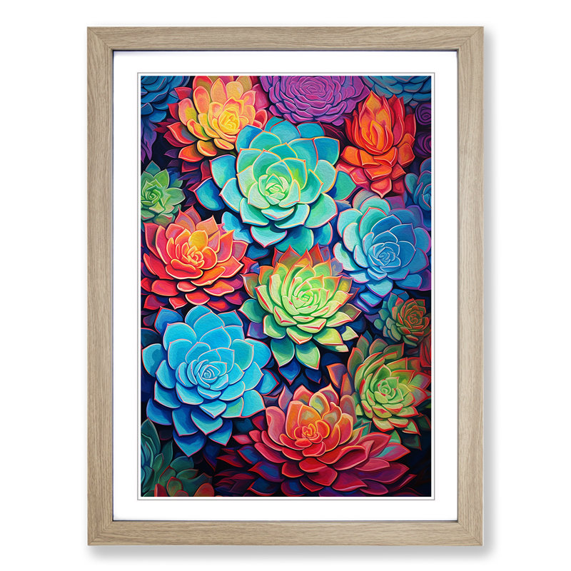 Succulent Expressionism - Single Picture Frame Print on Wood, 34cm H x 25cm W x 2cm D, Oak
