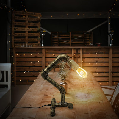 Water Pipe E27 Table Lamp Industrial Metal Steampunk Plug-In On-Off Switch Rustic Table Light Farmhouse Desk Lamp For Bedroom Office
