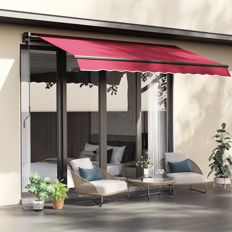 Red 10' X 8' Retractable Awning, Patio Sunshade With Manual Crank. & Water- Fabric, Aluminum Frame For Deck, Yard, Balcony. Cyan