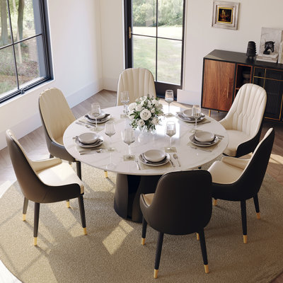 Vera Modern 5/7 Pieces Dining Room Sets, Pre-Assembly Round Dining Table Sets, Matte Sintered Stone Tabletop Kitchen Dining Table Set with PU Upholstered Chairs