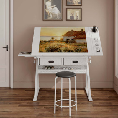 Adjustable drawing drafting table desk with 2 drawers for home office and school with stool