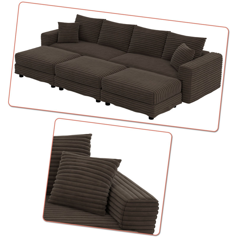 Canapé modulaire moderne en velours côtelé 4 places avec 3 repose-pieds, H 35,35 po x l 102,42 po x P 66,94 po, Chameau