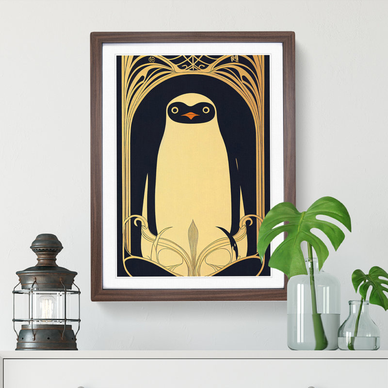 Art Deco Penguin - Wall Art, 64cm H x 46cm W x 2cm D, Walnut Frame