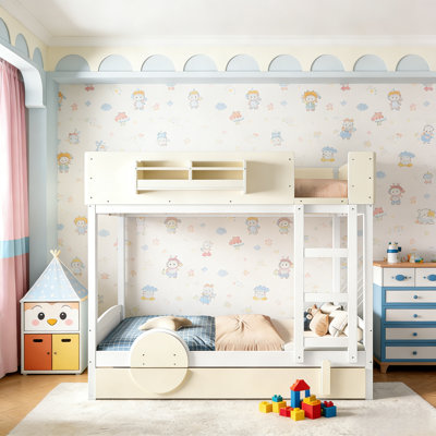 Car-shaped Full Over Full Bunk Bed With Trundle，wood Bunk Bed With Built-in Bookshelf And High Safety Guardrail, Stable Non-squeaking Bunk Bed Frame For Kids, Teens And Adults, White & Beige