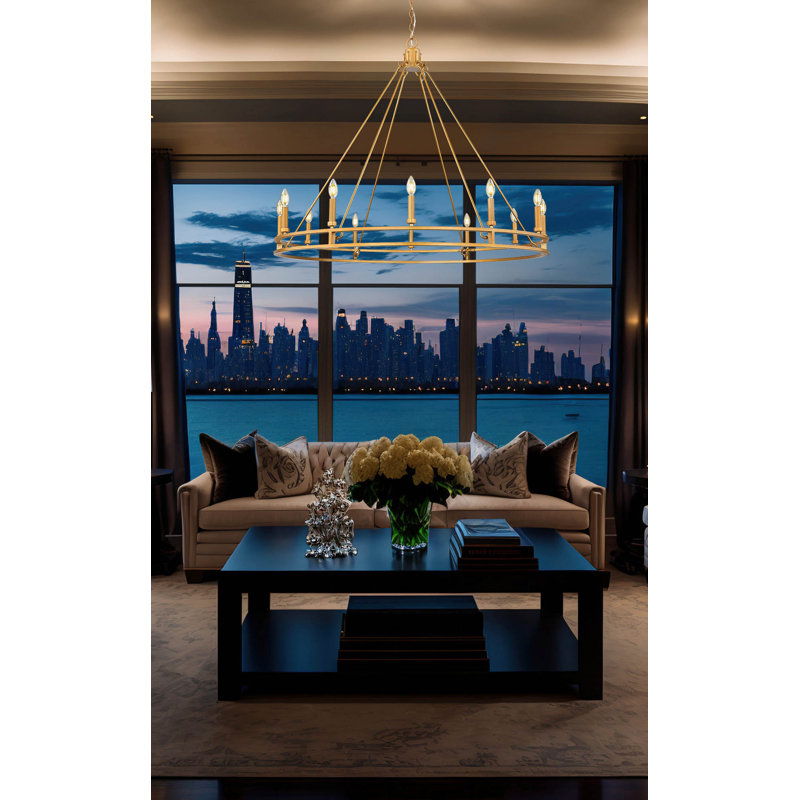 Lustre en laiton Hershel Signature, H 40,25 po x l 47,5 po x P 47,5 po, 12 lumières