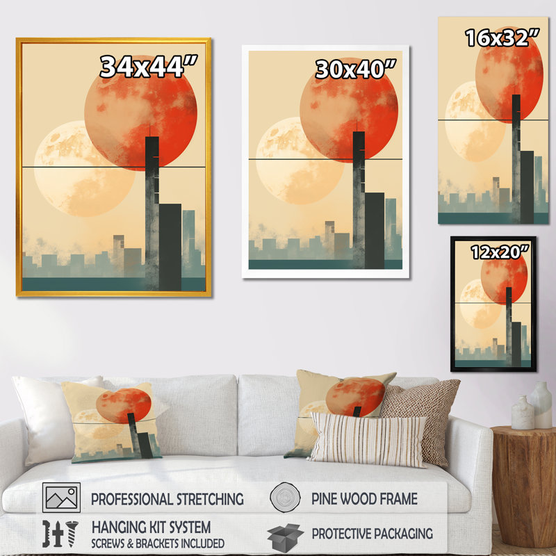 Lever de soleil orange et beige, Cadre simple noir, H 32 po x l 16 po x P 1 po