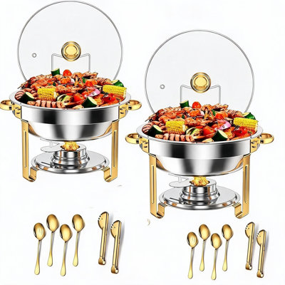 Ensemble de 4 chauffe-plats ronds en acier inoxydable 5 pte avec couvercles en verre trempé, supports pliables, supports à carburant pour la restauration, les mariages, les fêtes et les banquets