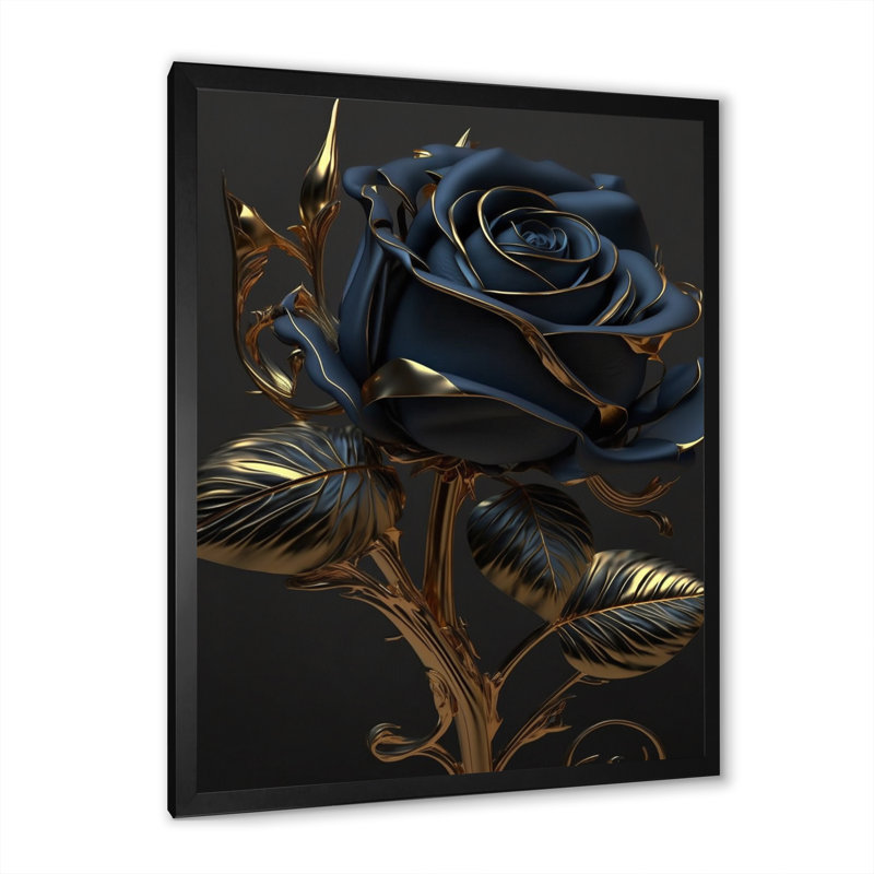 Rose dorée en bleu rétro I - Art mural rose, H 44 po x l 34 po x P 1,5 po, Impression noire sur toile encadrée