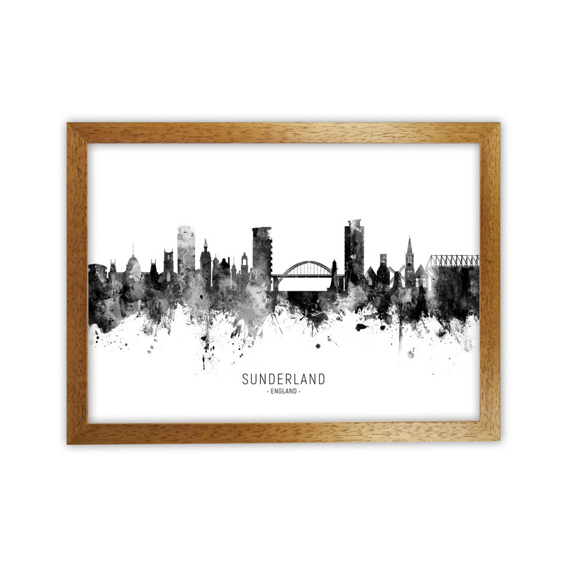 Sunderland England Skyline Black White City Name by Michael Tompsett - Print, 34cm H x 46cm W x 3cm D, Brown Framed