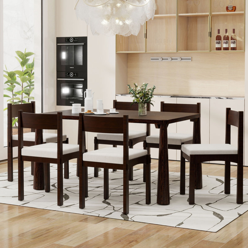Ensemble de table de salle à manger 7 pièces avec chaises rembourrées Timberique, Espresso / beige, Espresso