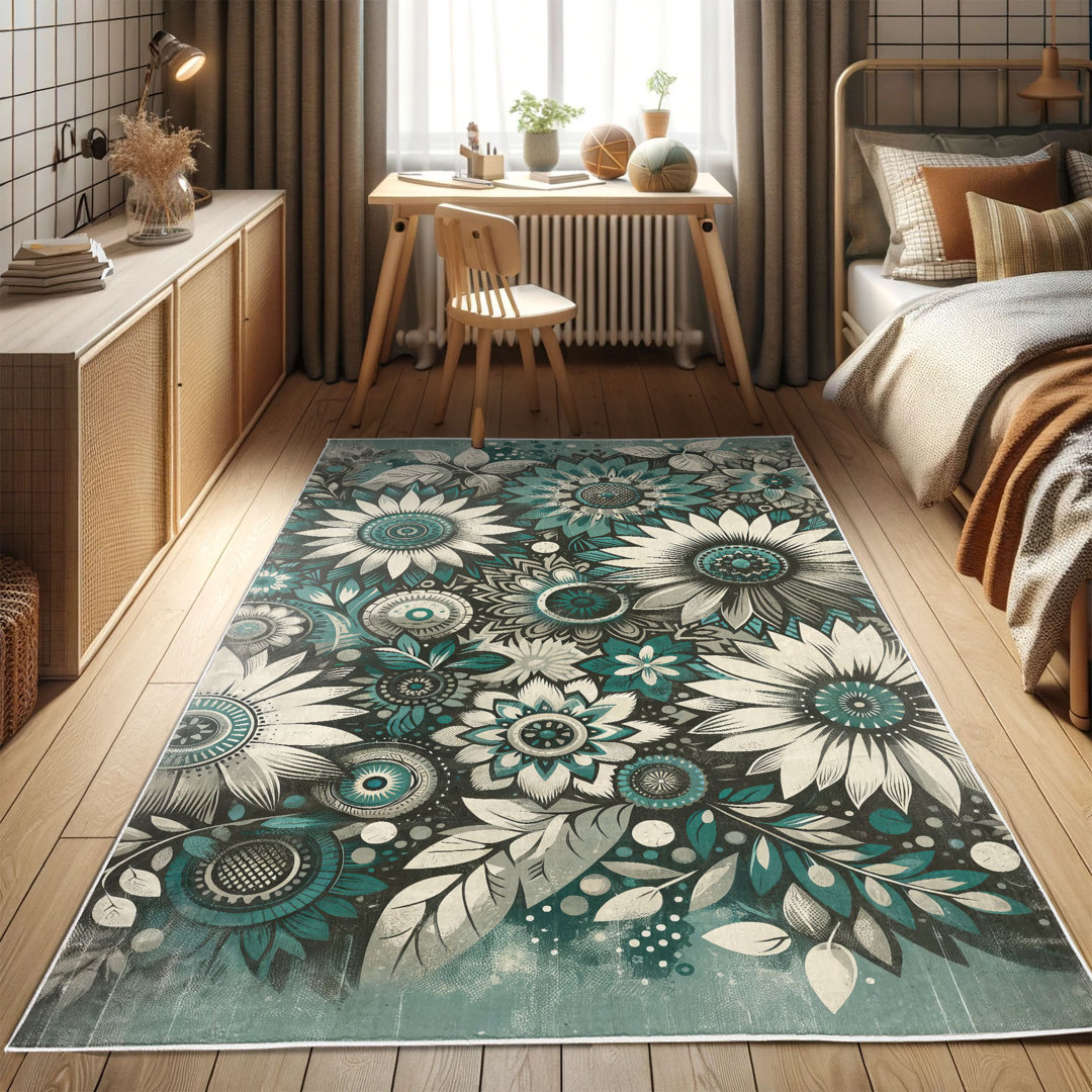 Dekorativer Teppich, Pastellton Kunst Sonnenblumen, Petrolblau Teal Beige