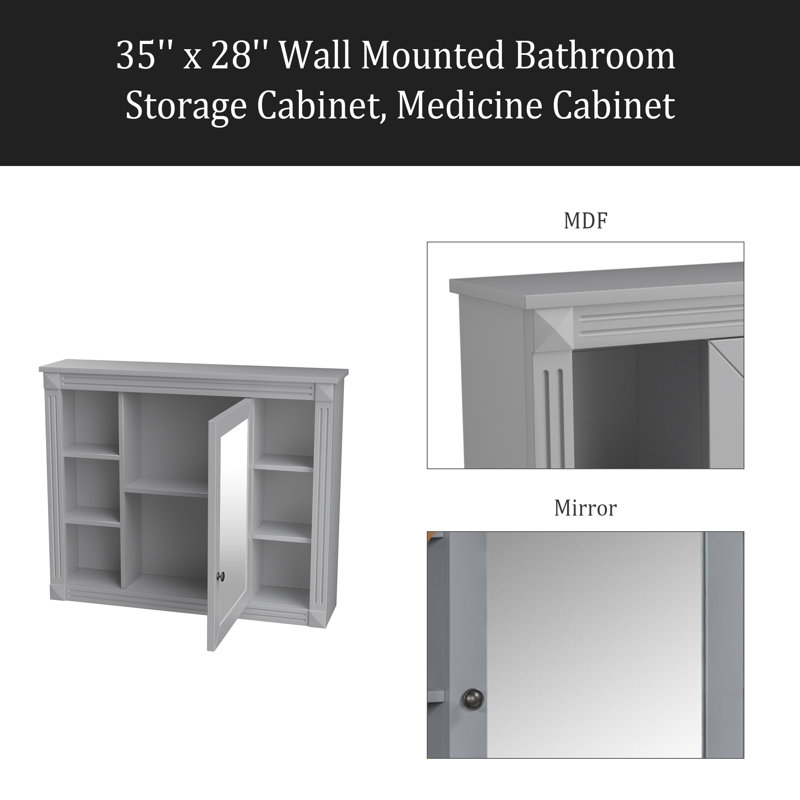 Armoire de rangement murale de salle de bain 35 po x 28 po, armoire à pharmacie, armoire murale moderne avec miroir, armoire à miroir avec 6 tablettes ouvertes (meuble-lavabo non inclus)