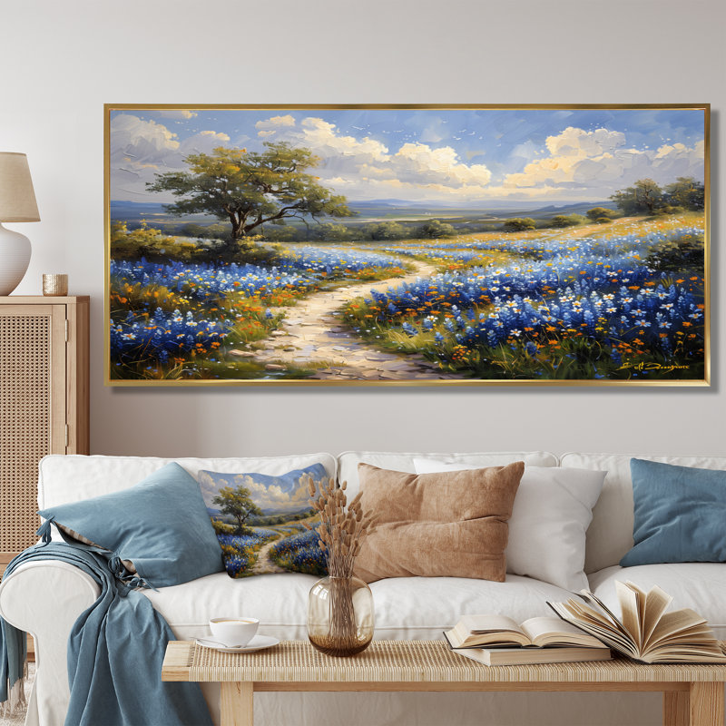 «Blue Green Summer Meadow Charm Blue Bonnets III - Blue Bonnets», reproduction d'art, Toile avec cadre flottant or