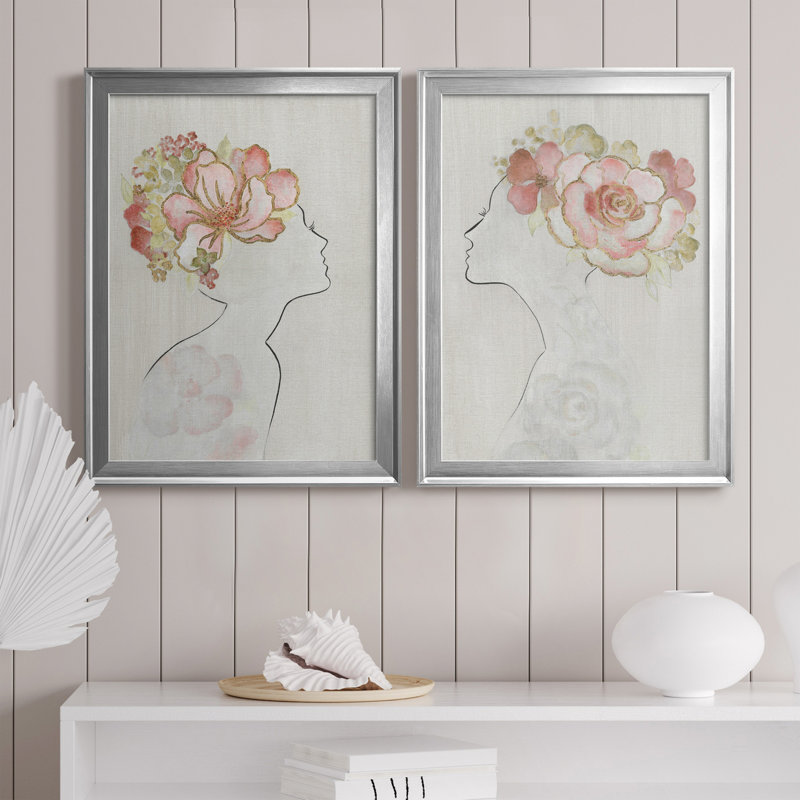 Fashion Floral Silhouette I - Ensemble de 2 peintures sur toiles, H 18,5 po x l 49 po x P 1,5 po, Toile avec cadre argenté