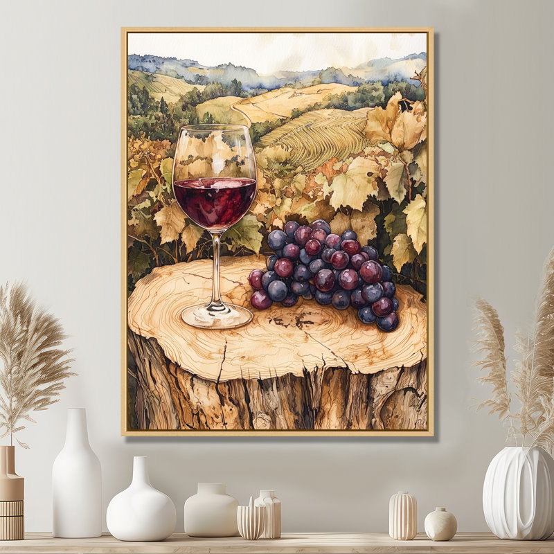 Naccarato, vignoble avec verre de vin et raisin en Provence I - art sur toile, H 40 po x l 30 po, Crème, crème