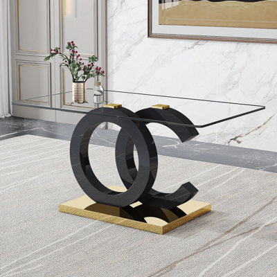 Grande table de salle à manger rectangulaire moderne en verre minimaliste, convenant à 6 à 8 personnes, plateau en verre trempé, support en bois aggloméré noir, base en métal