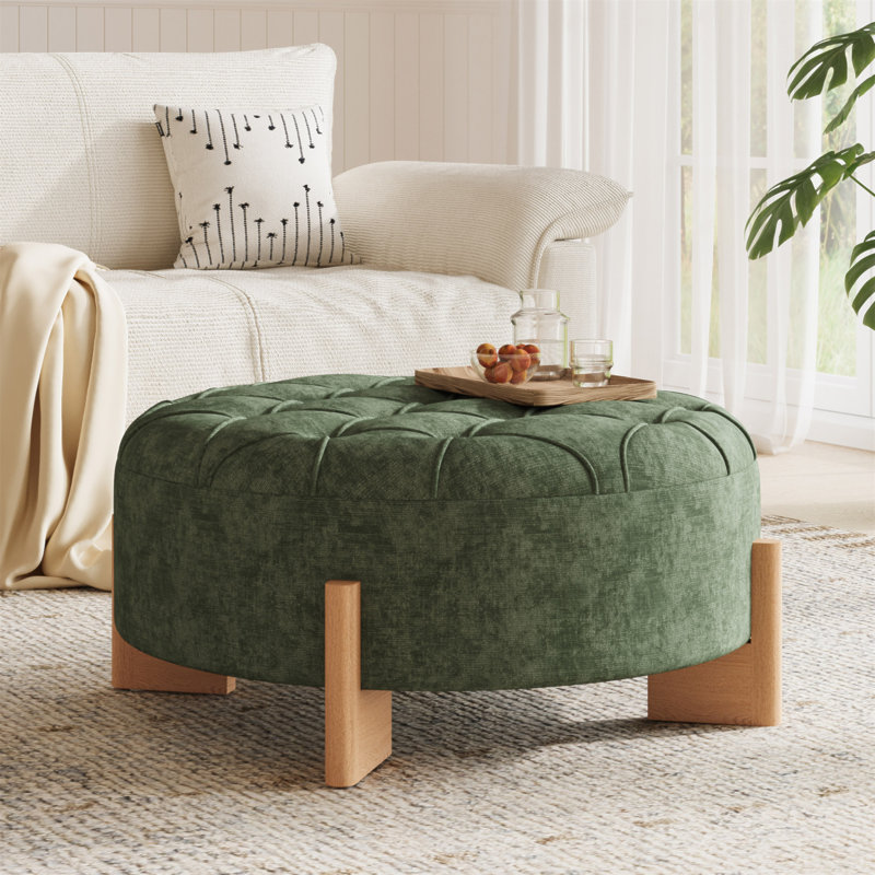 Repose-pieds rond capitonné 32 po avec pieds en bois massif, table basse moderne avec boutons capitonnés, lignes passepoilées, repose-pieds en chenille pour le salon