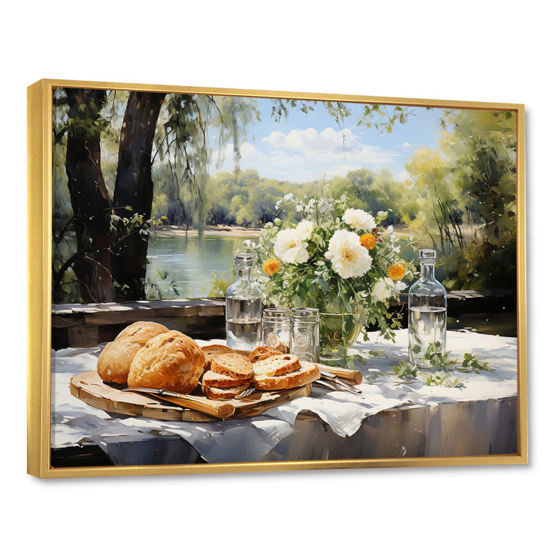 " Picnic At The Lake III ", 16" H x 32" W x 1" D, Gold Floater Framed