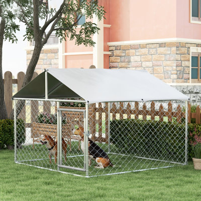 Chenil d'extérieur pour chien - robuste avec housse imperméable, maillon de chaîne galvanisé, 6,6 pi x 6,6 pi x 4,9 pi, spacieux pour les grands chiens, verrou sécuritaire, cadre en acier robuste, grande clôture robuste, bien élevé