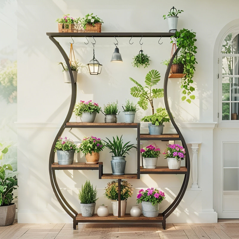 Support pour plante en forme de vase 71 po, tablette à 6 niveaux avec 10 crochets de suspension