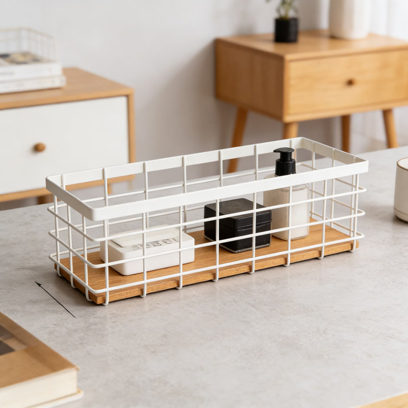 Panier de rangement en fil métallique avec base en bois amovible, bac de rangement polyvalent pour la cuisine, la salle de bain, le garde-manger, le garage et la salle de lavage