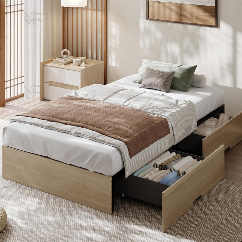 Structure de lit double en bois avec 2 tiroirs de rangement, sans sommier, Beige, Full