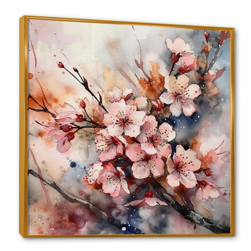 Romarion, rose, gris, pommier, mélodie I sur toile, H 30 po x l 30 po x P 1 po, Cadre flottant doré
