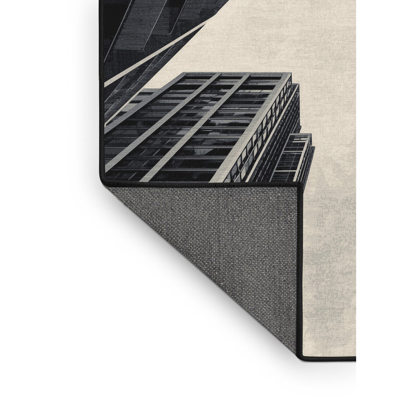 Tapis moelleux à motif géométrique moderne et contemporain de couleur beige moelleux - noir, 6' Round