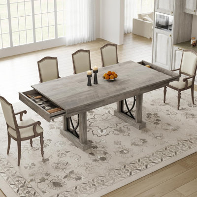 Dining Table for 6-8 w/ 2 Drawers, Wooden Kitchen Table w/ Double Pedestal & Large Tabletop, 8 Ft Large Rectangular Dinner Table w/ Sturdy Frame