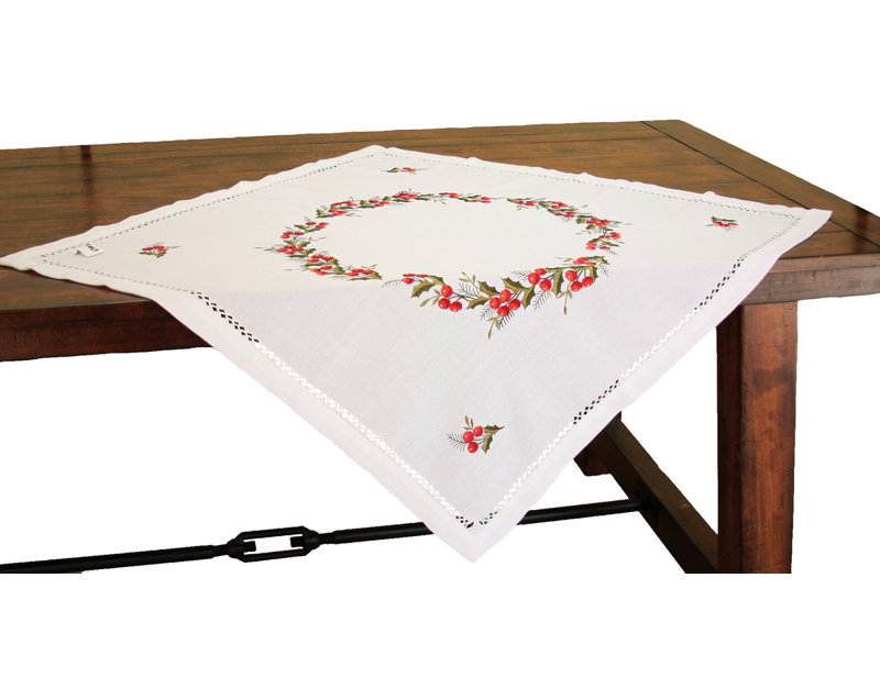 Holly Berry Embroidered Hemstitch Holiday Table Topper