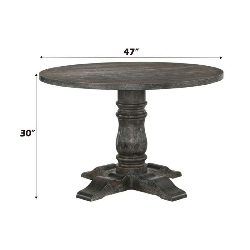 Table ronde à finition grise patinée pour la salle à manger, conception à piédestal simple, placage de chêne noueux et plateau fixe, base de colonne empire de 14 po, 47 po x 47 po x 36 po, table de rangement rustique élégante de 99 lb,