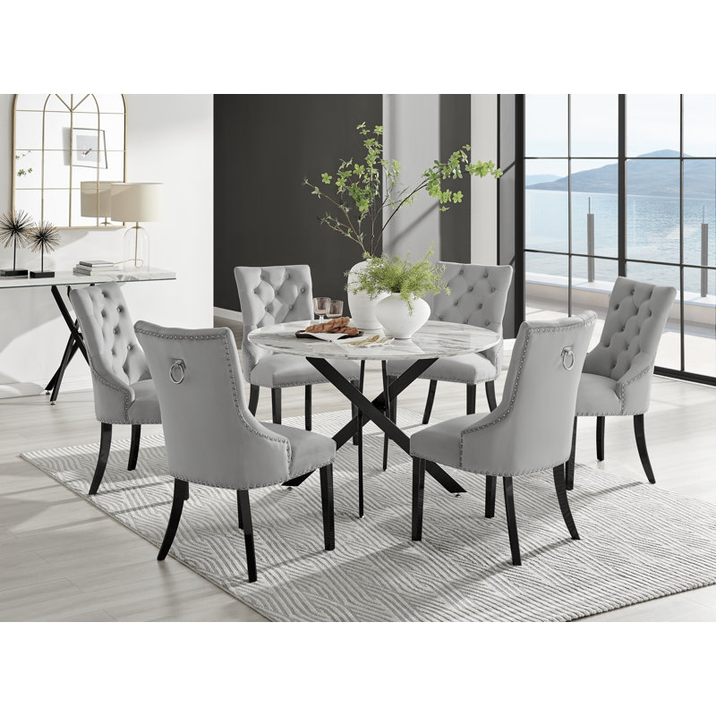Tierra Modern Chrome Metal & Glass Round Dining Table Set with 6 Luxury Button Velvet Chairs, Black, Grey