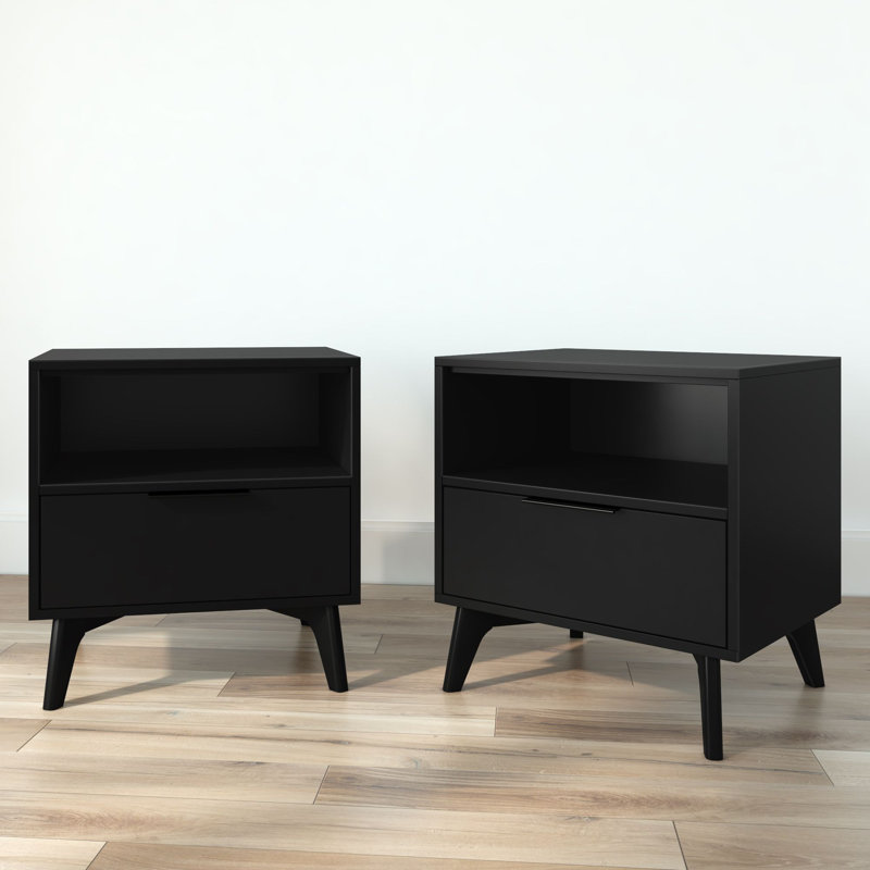 Haven 1 Drawer & Cubby Nightstand with Handle, Black