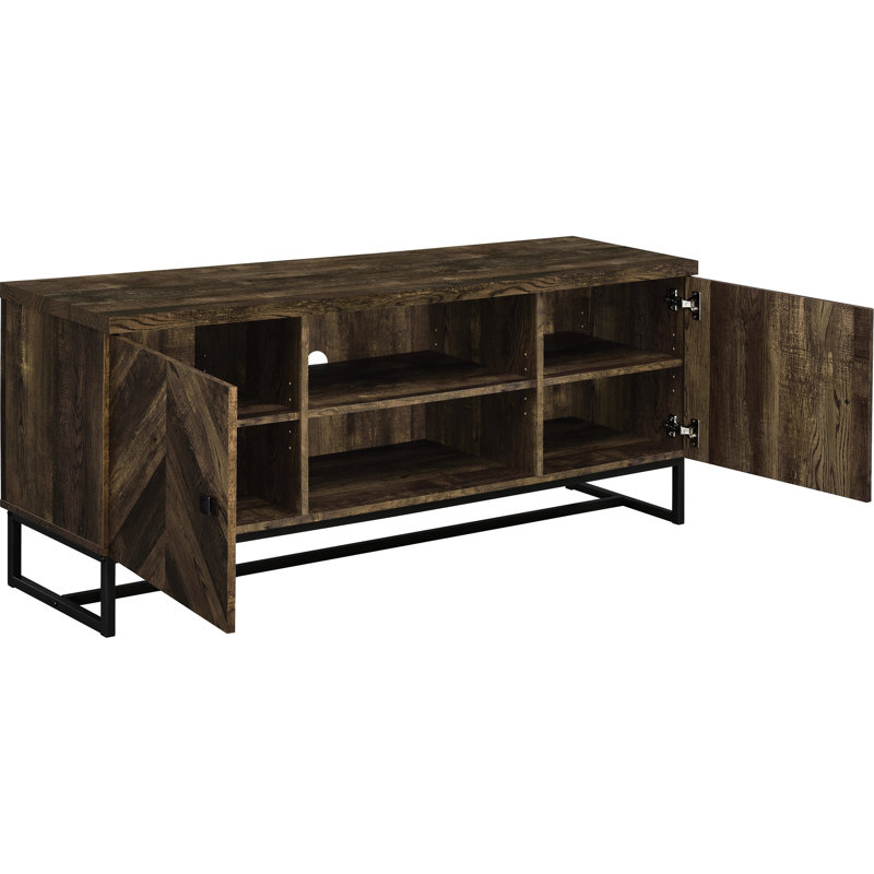 Meuble télé Style au fini chêne rustique avec armoires et support à tréteaux pour console contemporaine en métal carré