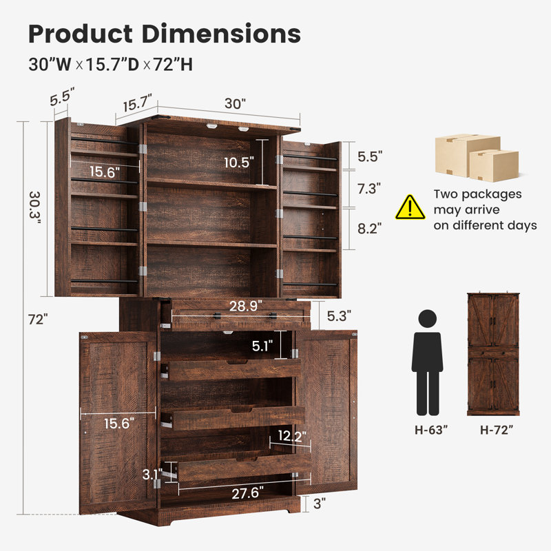 Armoire de rangement de 72 po avec 8 tablettes suspendues et 3 tiroirs coulissants, Brun rustique