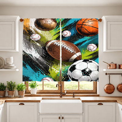 Rideaux à imprimé de balles de sport 2 pièces, filtrant la lumière, design abstrait vibrant, poche à tringle, pour chambre d'adolescent, garçons, salon, chambre à coucher, décoration intérieure