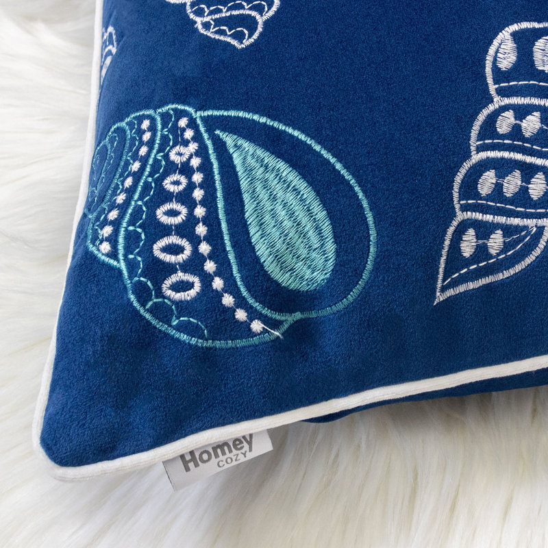  Embroidery Seashell Velvet Throw Pillow, Blue