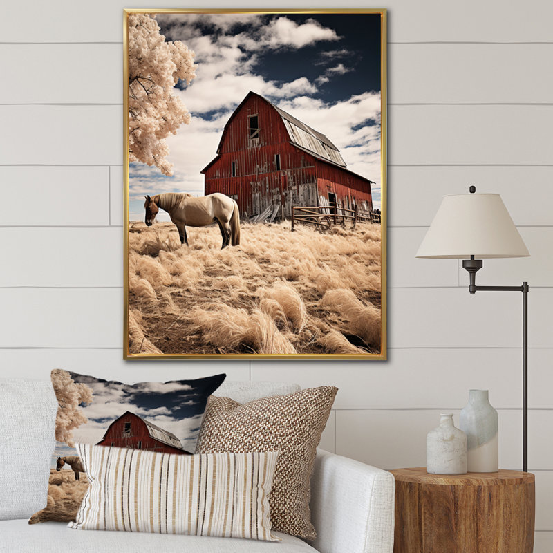 «Horse Barnyard Harmony», reproduction d'art sur toile, H 44 po x l 34 po x P 1,5 po, Toile avec cadre flottant or