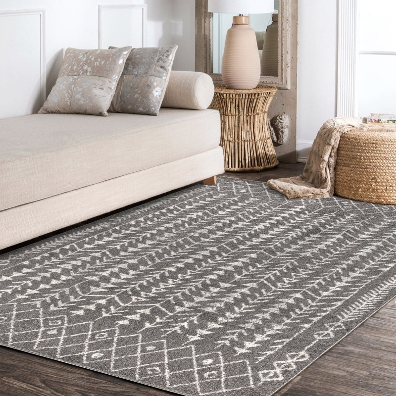 Ziri Moroccan Geometric Gray/Cream Rug, Rectangle 4' x 6'