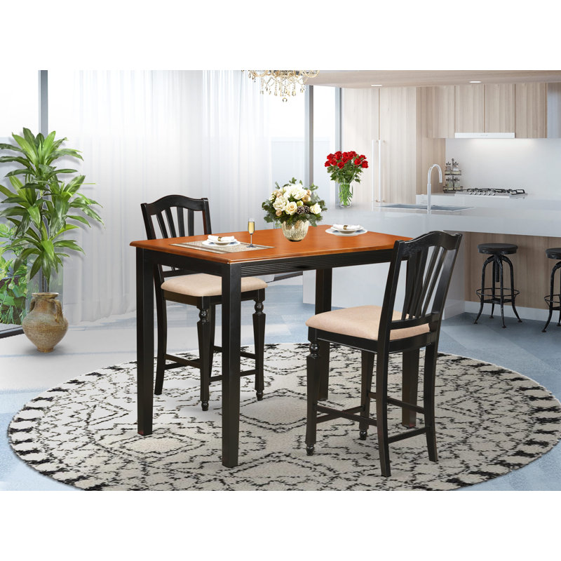 3 Piece Kitchen Counter Height Dining Table Set Contains a Rectangle Dining Room Table and 2 Linen Fabric Chairs, Black & Cherry