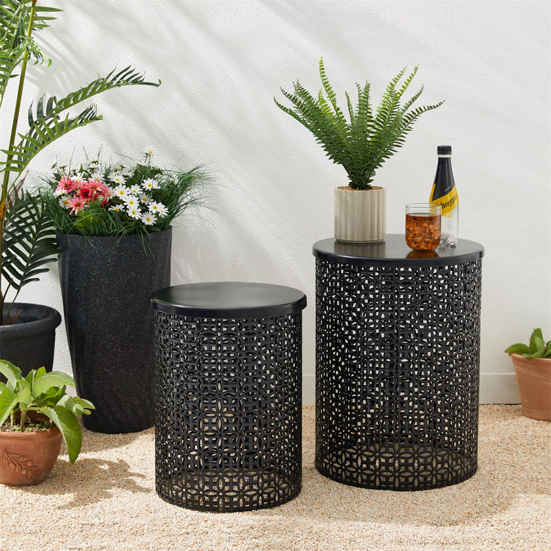 Set of 2 Garden Side Tables - Heavy Duty Metal Frame Stools, Glossy Black