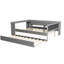 Lit plateforme double tapissier pleine grandeur avec revêtement en velours gris, tablettes de rangement, bureau, station de charge et lit gigogne simple pour un sommeil relaxant dans une maison moderne-1042866585